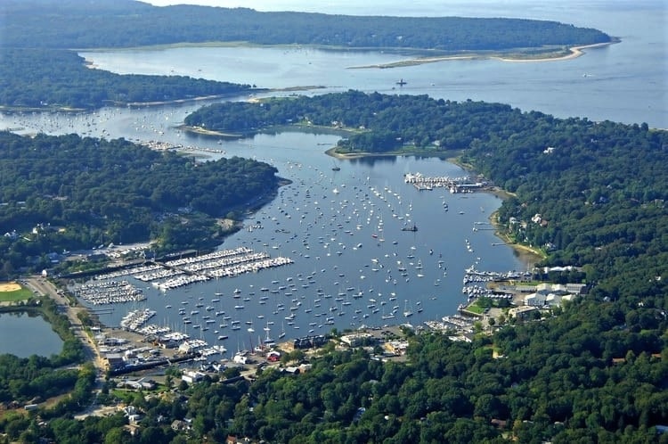 Aerial view of Huntington Harbor in historic Huntington, New York