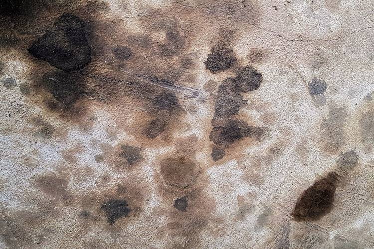 White concrete pavement with dark oil stains