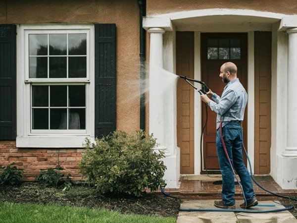 Man power washing beige stucco home's front exterior