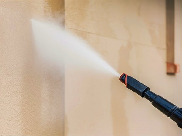 Rinsing beige stucco wall with pressure washer